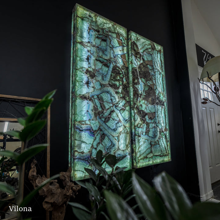 Fluorite crystal wall panel pair, angled view, turquoise-green veining and dark spots