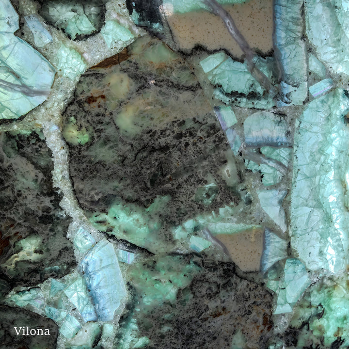 Fluorite crystal wall panel close-up with dark gray central rock and turquoise veining