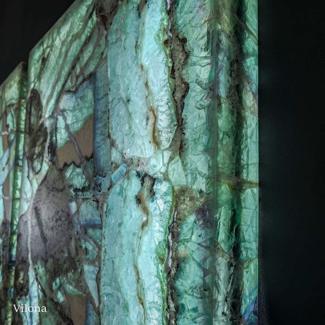 Fluorite crystal wall panel pair with close-up turquoise-green stone layers and veining