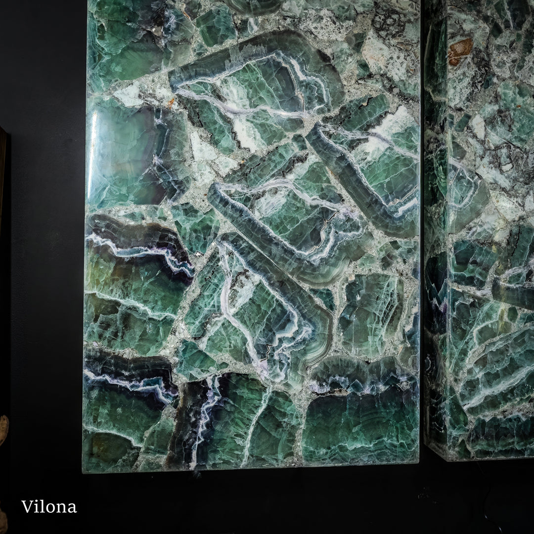 Fluorite wall panel pair with green and blue marbled patterns and white vein lines