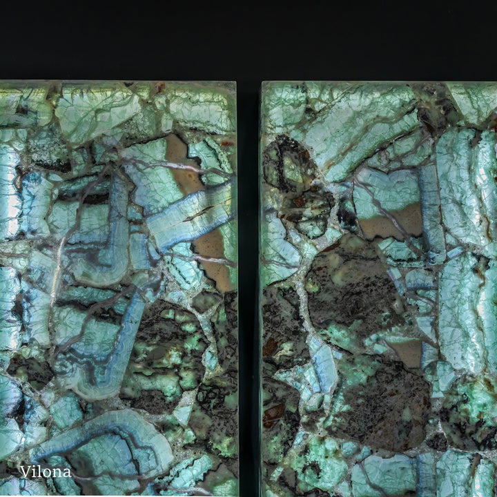 Fluorite crystal wall panel pair with varied teal, mint, and charcoal mineral texture