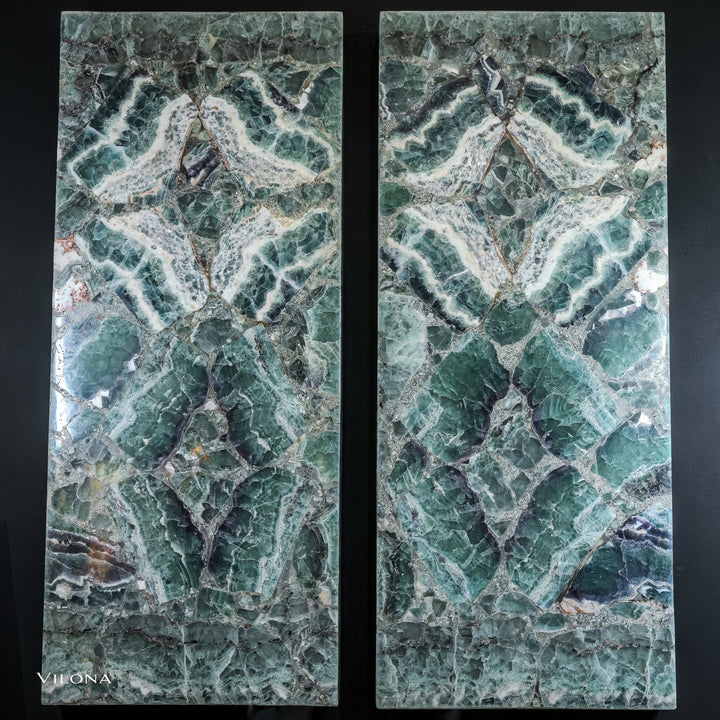 Fluorite crystal wall panels, pair with turquoise veining on dark green stone