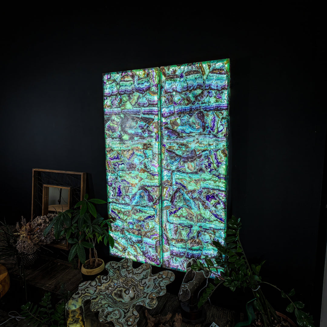 Fluorite crystal wall panel set featuring bright turquoise and violet iridescence on two panels