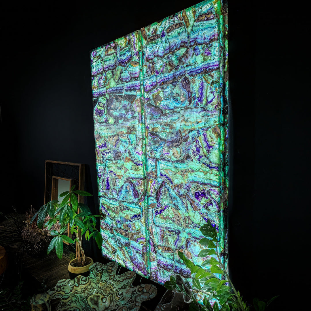 Fluorite crystal wall panel set with glossy turquoise and purple marbling across two panels