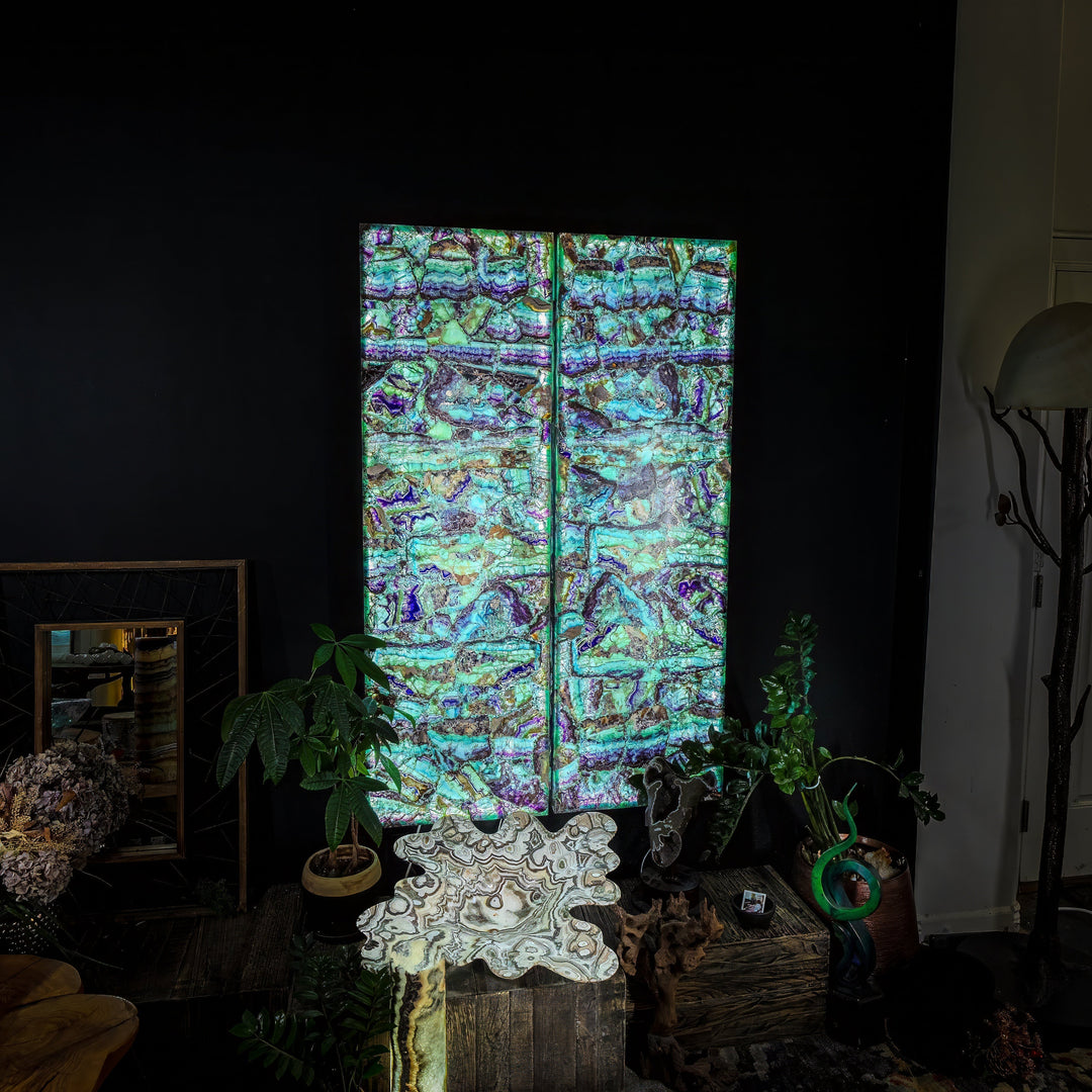 Fluorite crystal wall panel set with iridescent turquoise, green, and purple facets