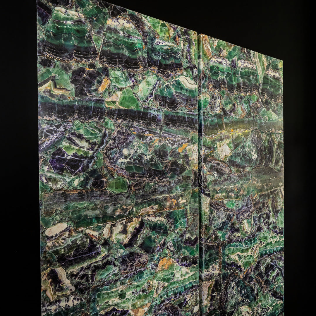 Two-panel fluorite crystal wall panels, marbled green-blue with dark purple veining
