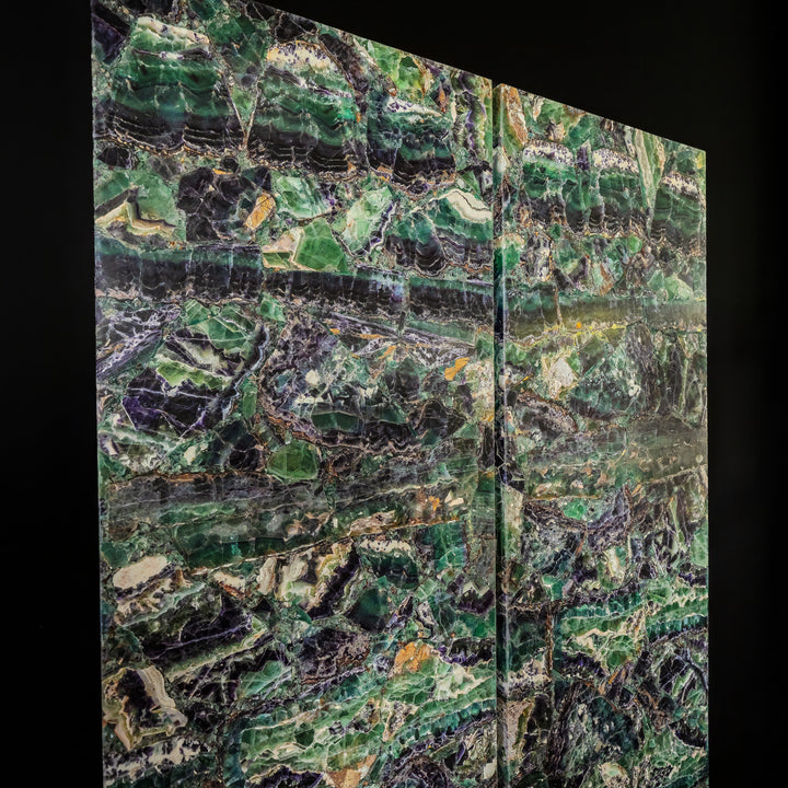 Two-panel fluorite crystal wall panels, marbled green-blue with dark purple veining