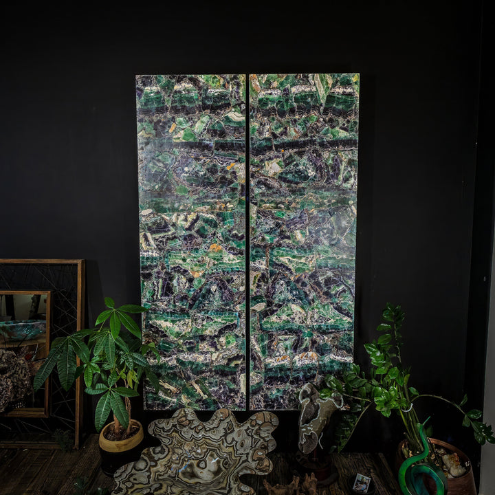 Fluorite crystal wall panel set with vertical marbled stone design in green, blue, purple