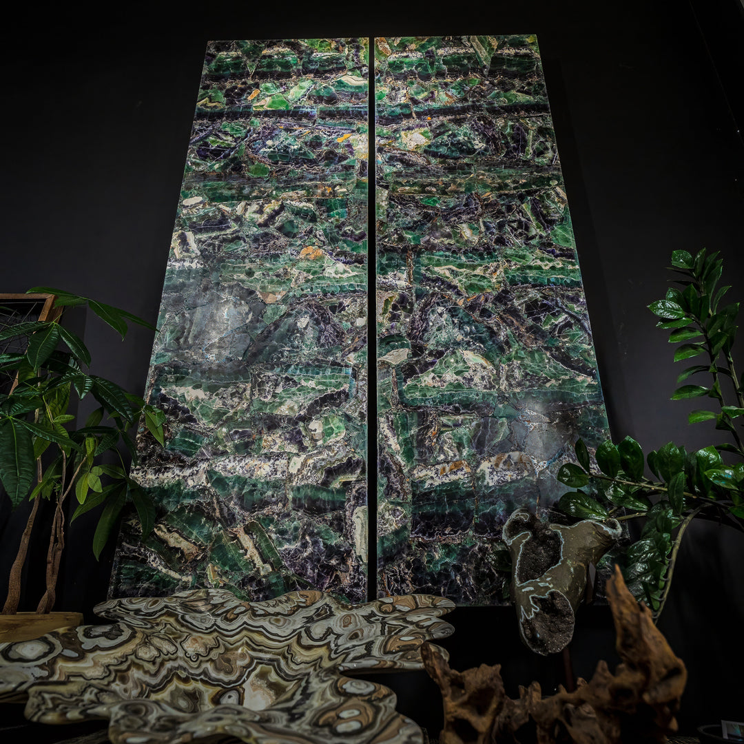 Fluorite crystal two-panel wall set with vivid green-blue stone mosaic, vertical panels