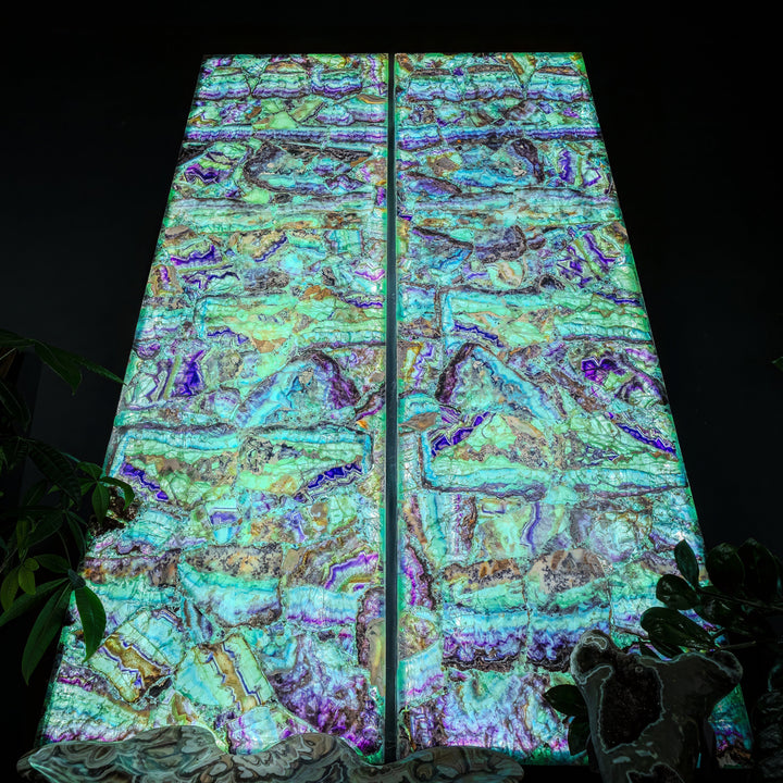 Fluorite crystal wall panel set, two-panel layout with turquoise glow and purple-green veining