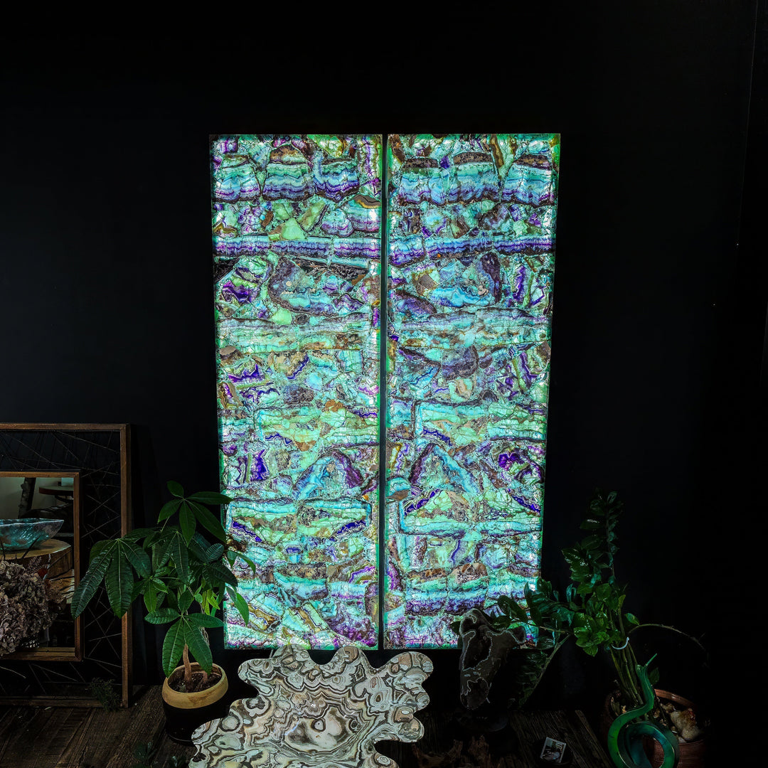 Fluorite crystal wall panel set, iridescent turquoise and purple marbled surface with center seam