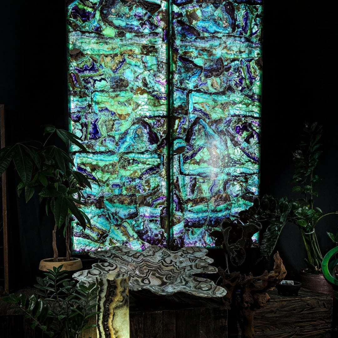 Fluorite crystal wall panel set with deep teal and blue-green tones and purple highlights