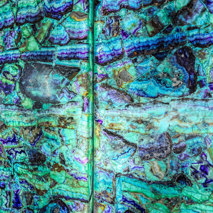 Iridescent fluorite crystal wall panels with green, blue, purple stone pattern