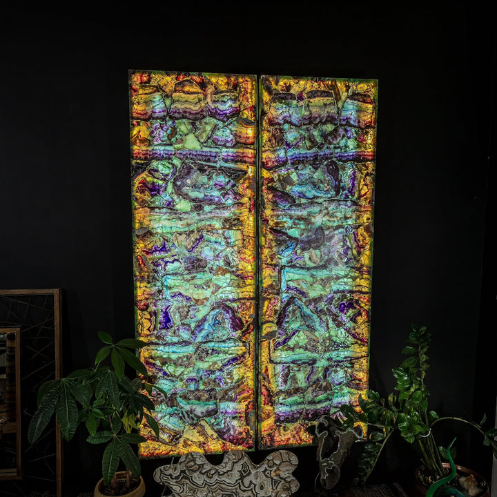 Fluorite crystal wall panel set, two hinged panels with rainbow turquoise and purple veining
