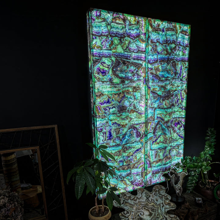 Fluorite crystal wall panel set with shimmering teal, green, and purple banded patterns