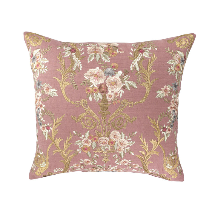 Embroidered linen throw pillow cover with mauve base and ornate floral-gold design