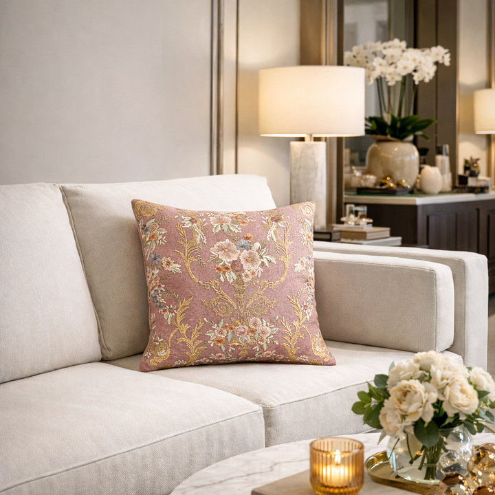 Mauve embroidered linen throw pillow cover with vintage floral cluster and gold vines