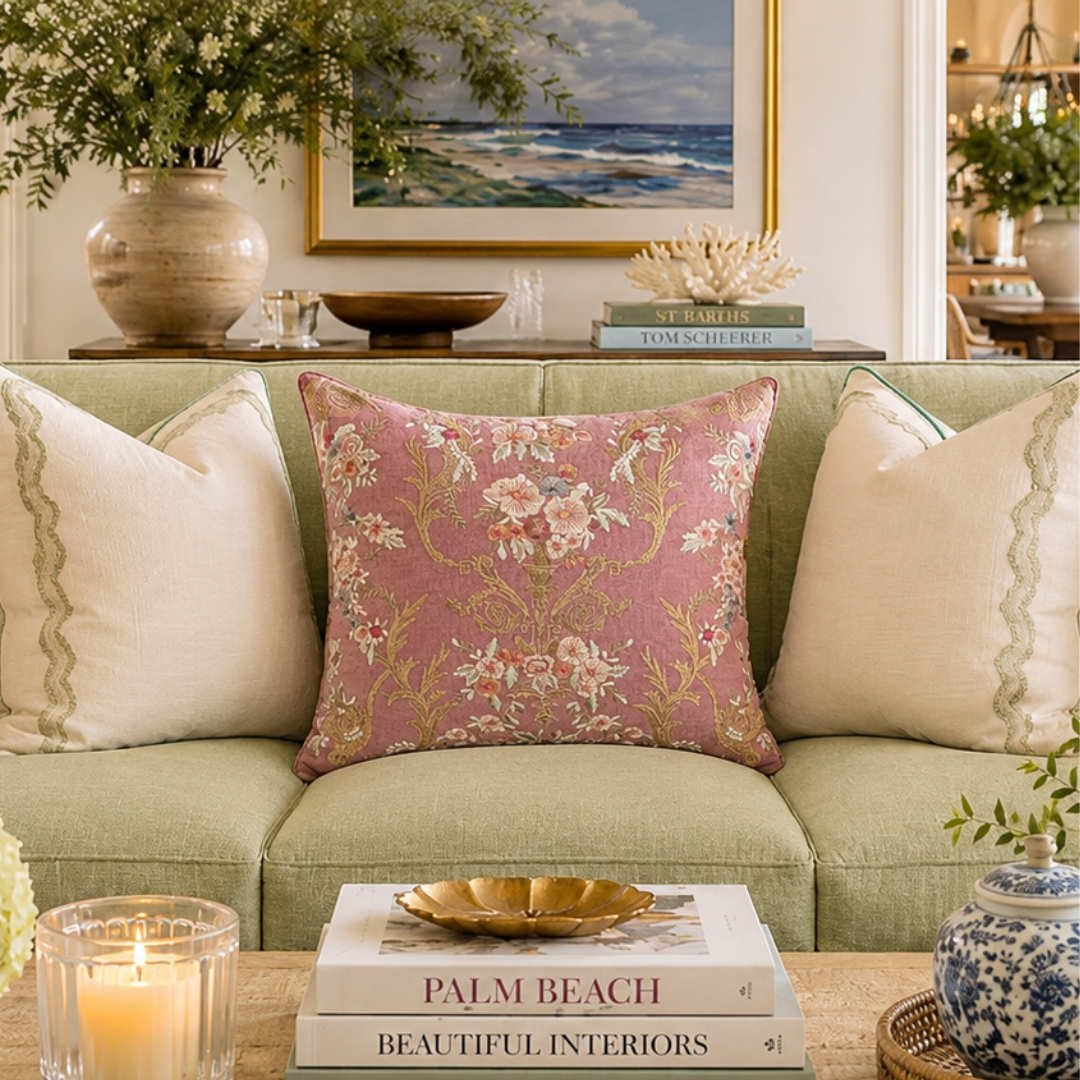Mauve embroidered linen pillow cover with floral scroll motif in gold, pink, and cream