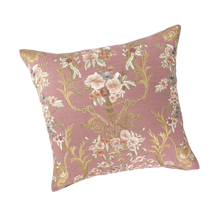Embroidered linen throw pillow cover in mauve with gold floral urn and vine pattern
