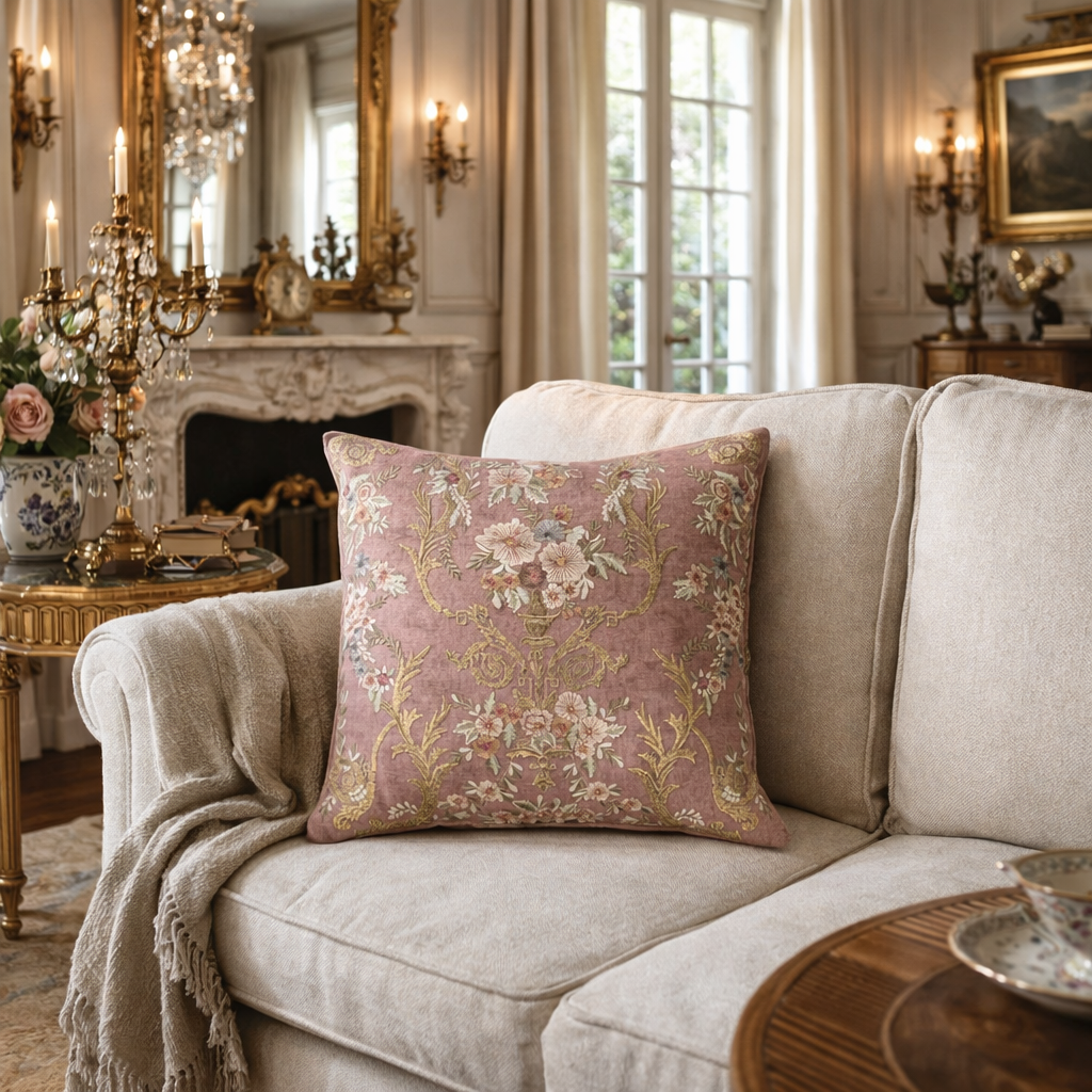 Mauve embroidered linen pillow cover with ornate floral and gold scrollwork on front