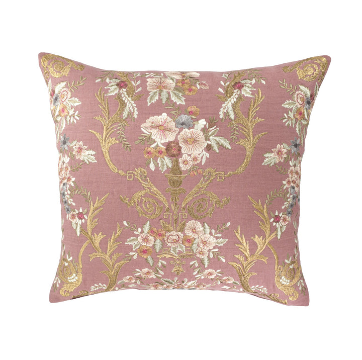 Embroidered linen throw pillow cover with mauve base and floral-gold urn motif