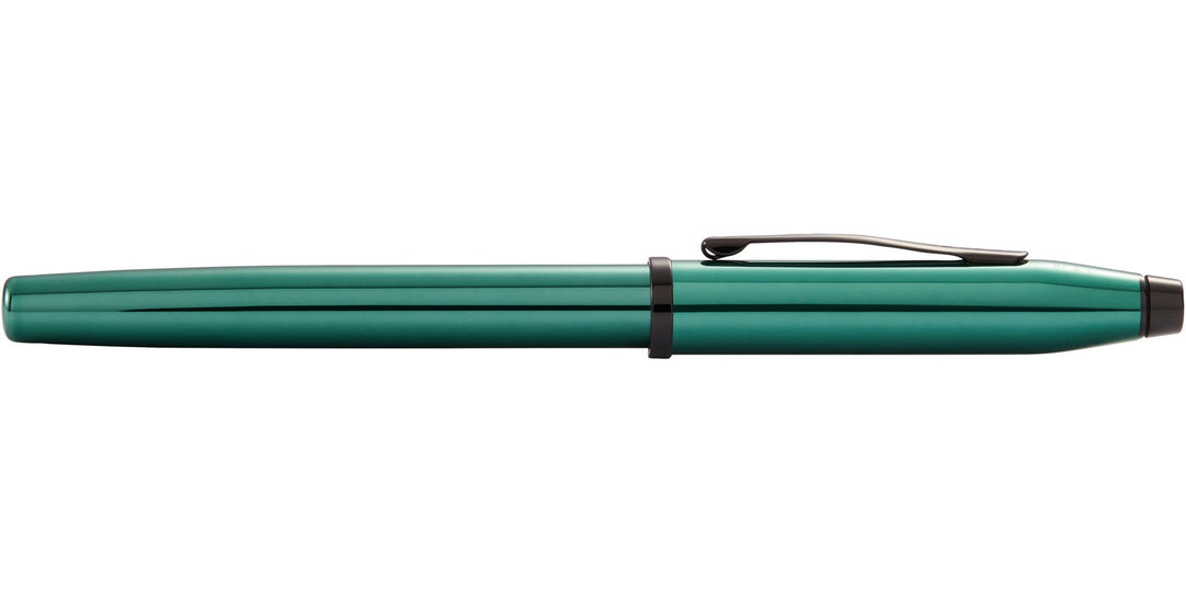 Translucent green rollerball pen with clip and black end cap, side view