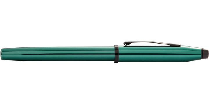 Translucent green rollerball pen with clip and black end cap, side view