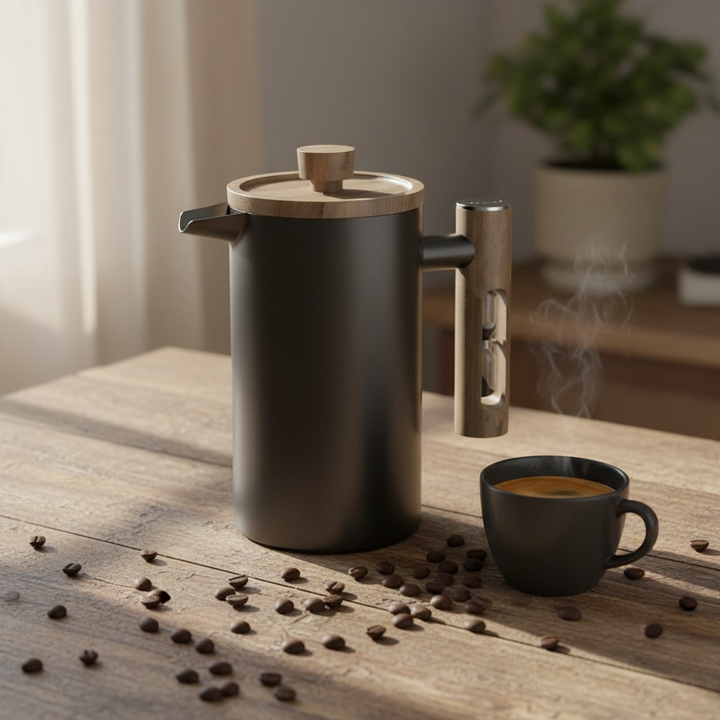 French Press with Timer - Black Stainless Steel