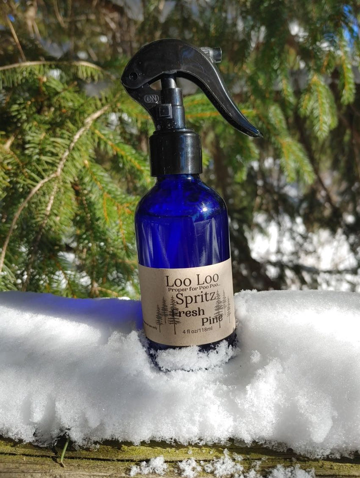Deodorizing spray bottle, deep blue glass with black trigger sprayer, Fresh Pine scent