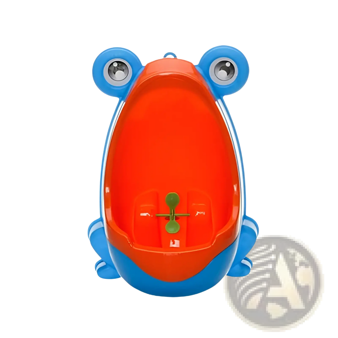 Orange frog-shaped potty training urinal with blue base and rotating windmill wheel