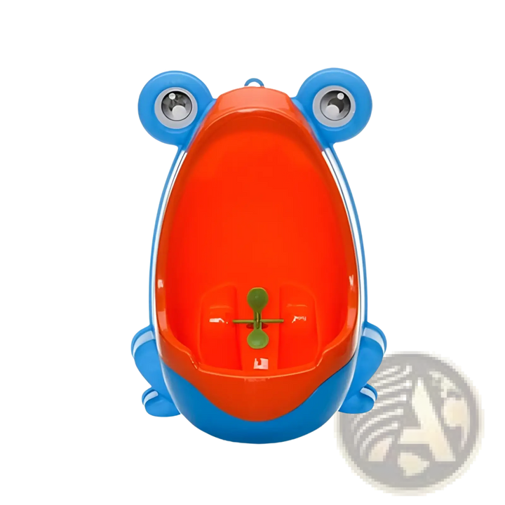 Orange frog-shaped potty training urinal with blue base and rotating windmill wheel