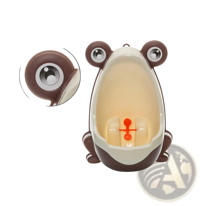 Cream frog-shaped potty training urinal with brown ears and rotating windmill base