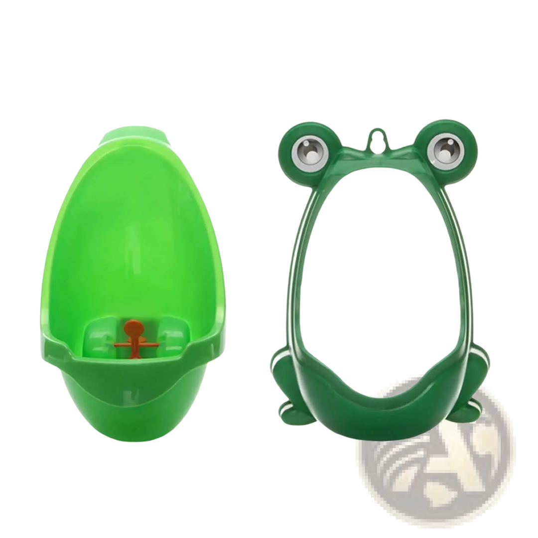 Green frog potty training urinal with open rim and rotating windmill wheel
