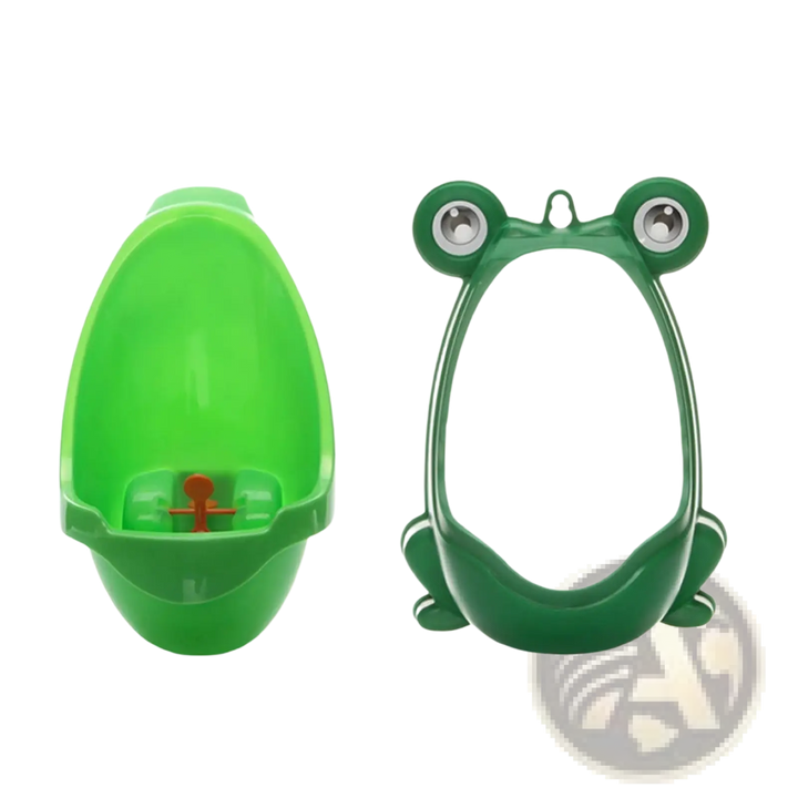 Green frog potty training urinal with open rim and rotating windmill wheel