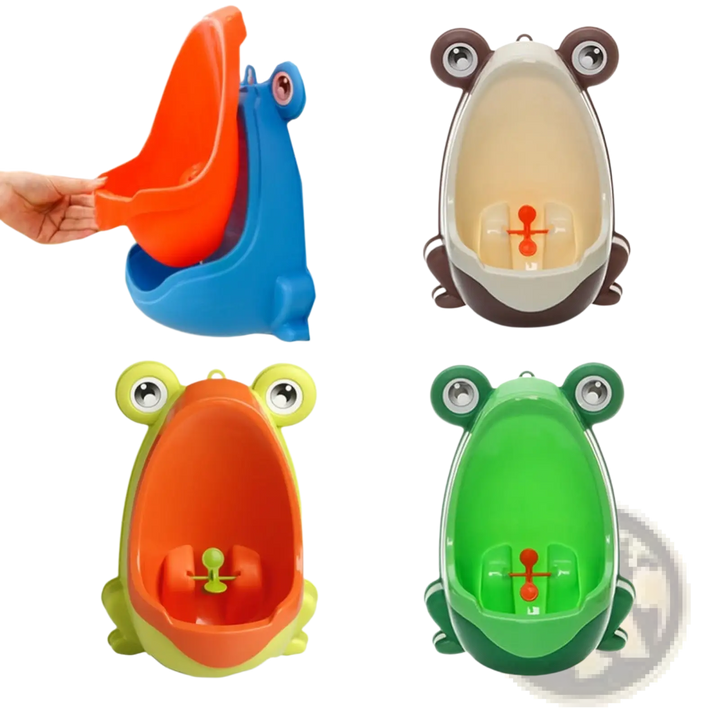 Orange frog potty training urinal with hand, plus cream and green models