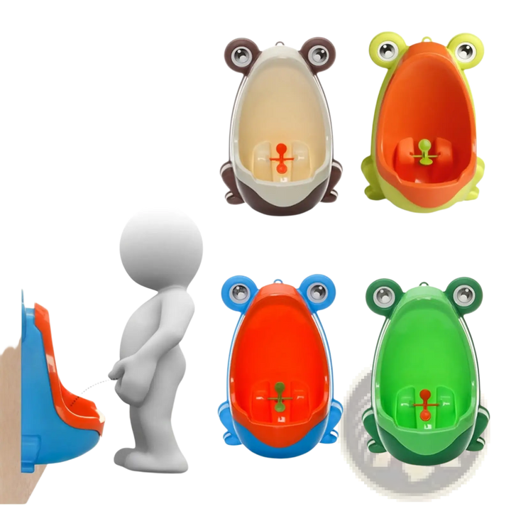 Frog potty training urinal set with multiple colors and rotating windmill feature