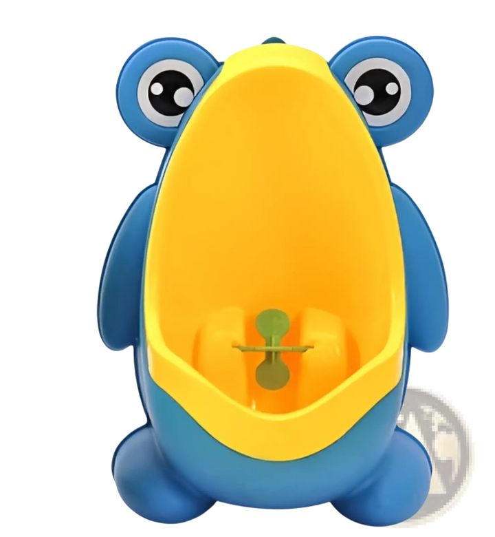 Yellow frog-shaped potty training urinal with blue base and rotating windmill wheel