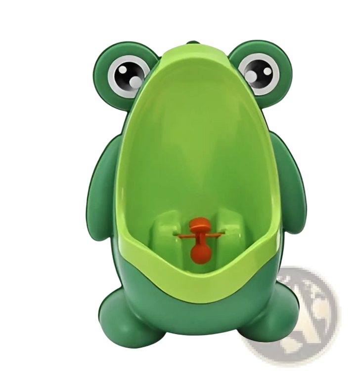 Green frog-shaped potty training urinal with orange target and rotating windmill wheel