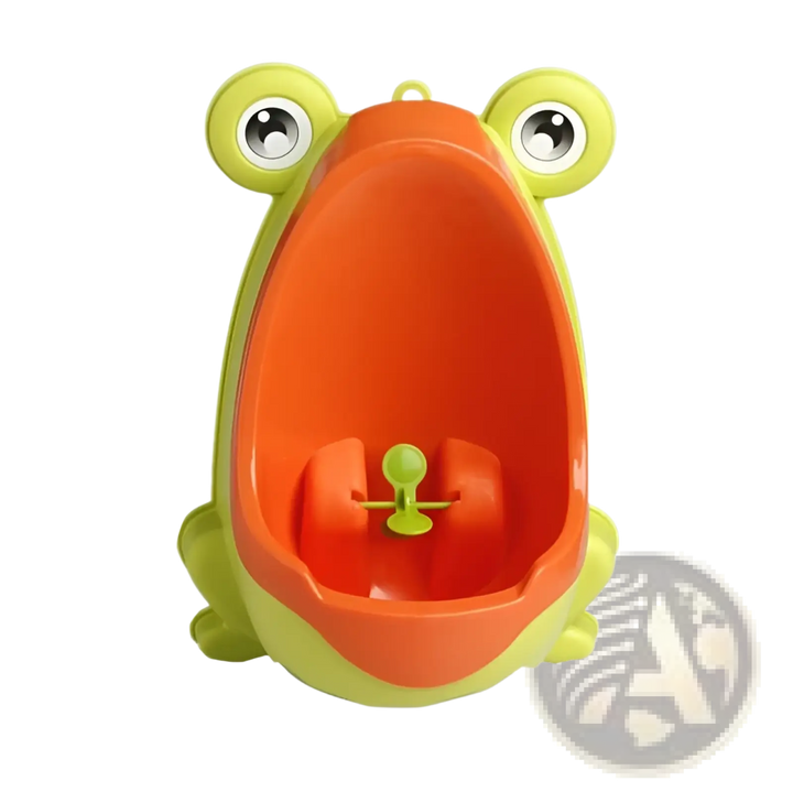 Orange frog-shaped potty training urinal with lime back and rotating windmill wheel