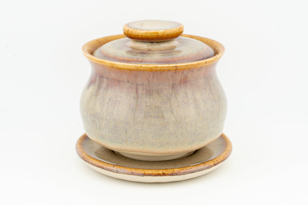 Speckled beige 100ml gaiwan with lid and matching saucer, orange rim detail.