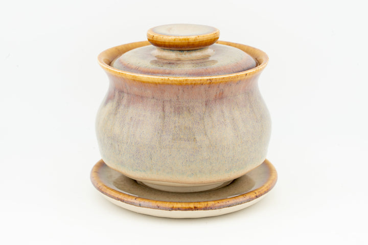 Speckled beige 100ml gaiwan with lid and matching saucer, orange rim detail.