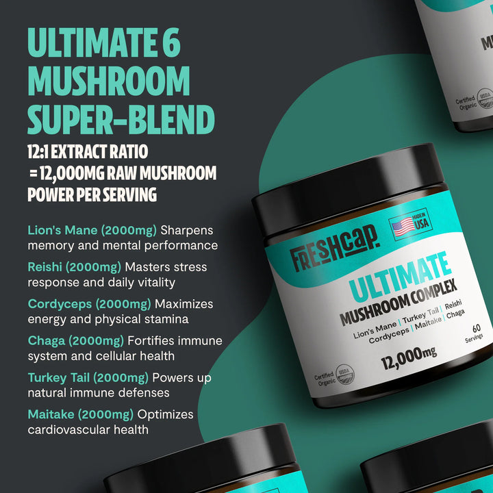 Organic mushroom extract powder blend jar, black lid and teal label