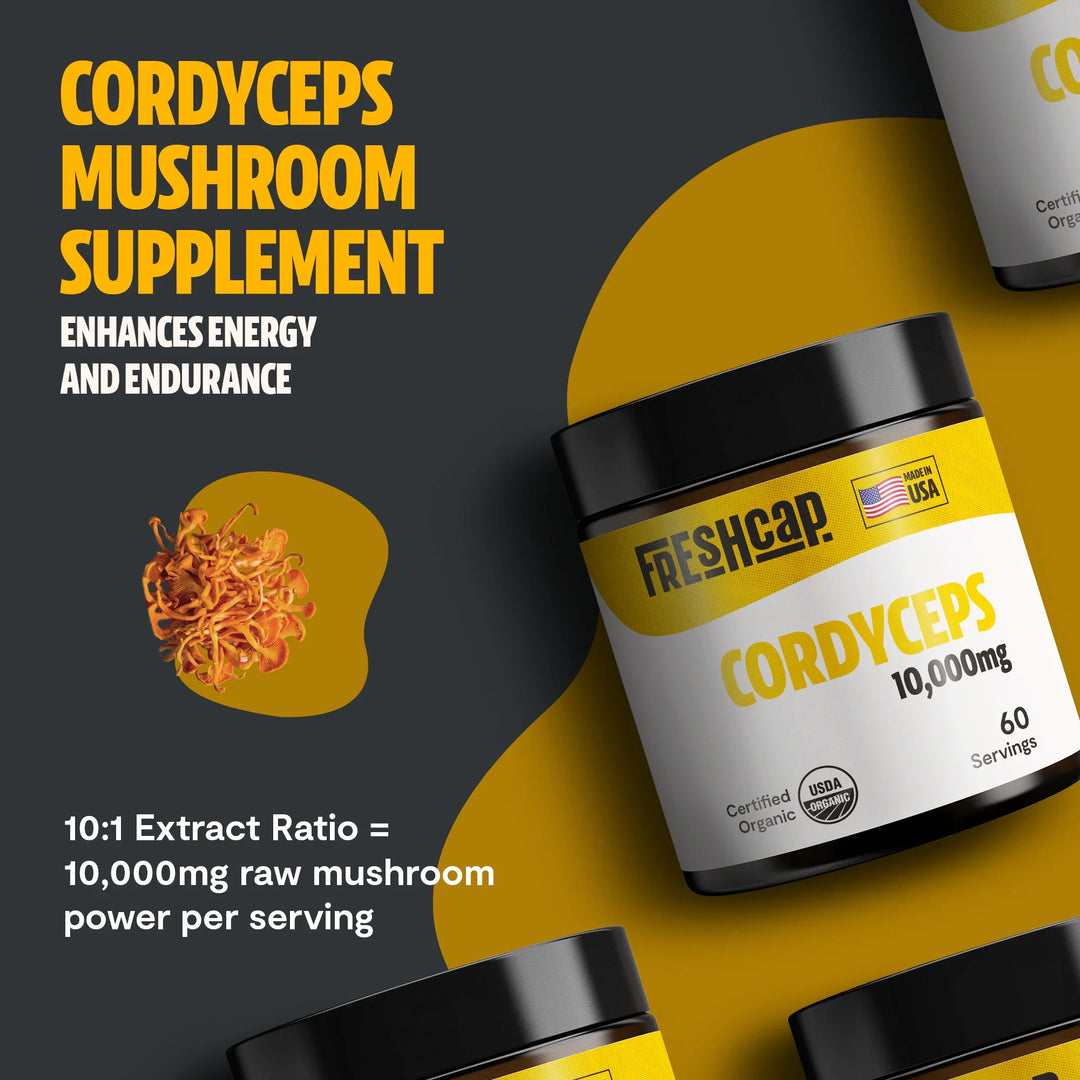 Cordyceps mushroom supplement jar with label showing extract ratio and 10,000 mg