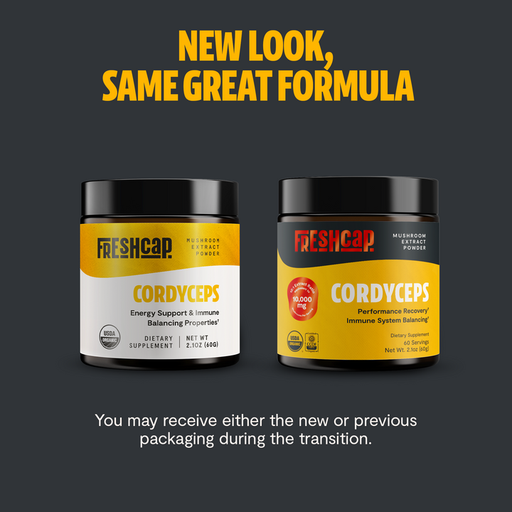 Two Freshcap Cordyceps mushroom extract powder jars with black lids and yellow labels