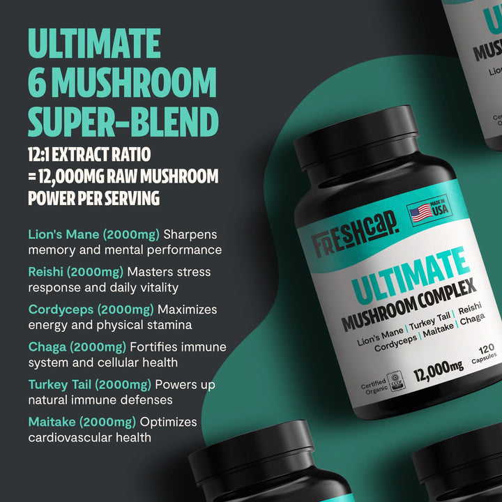 Black supplement bottle with teal label, Ultimate Mushroom Complex, 12,000mg, 120 capsules