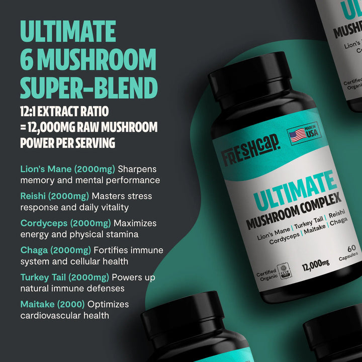 Two black supplement bottles with teal Ultimate Mushroom Complex labels, 12,000mg per serving