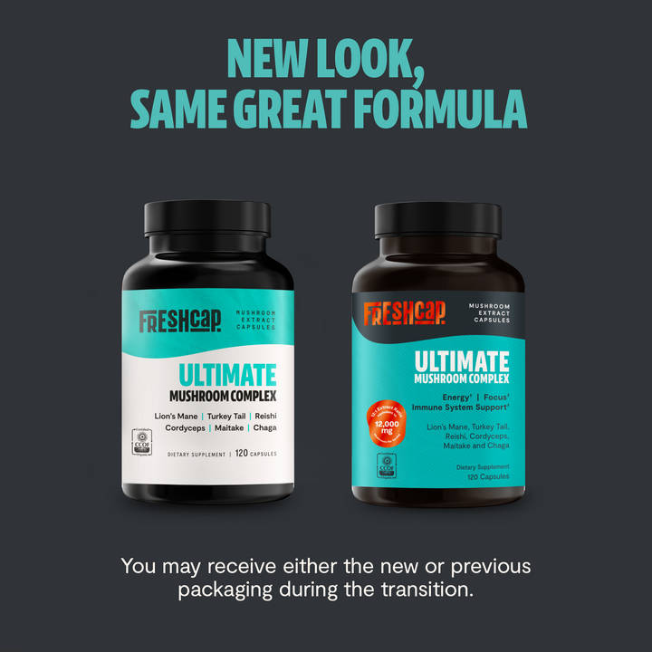 Mushroom supplement bottles with Freshcap Ultimate labels, two-pack shown