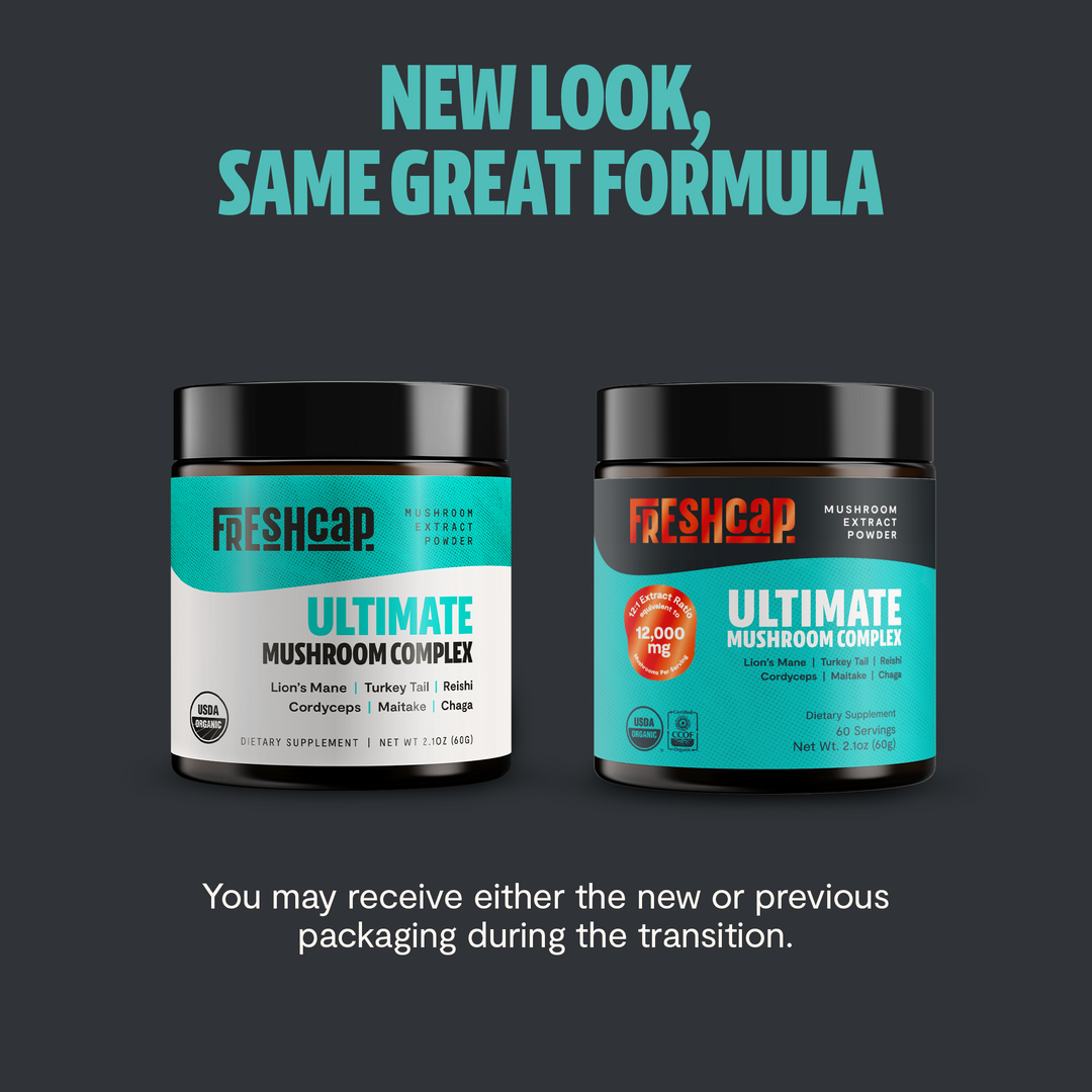 Freshcap Ultimate mushroom complex powder blend jars, two sizes shown together