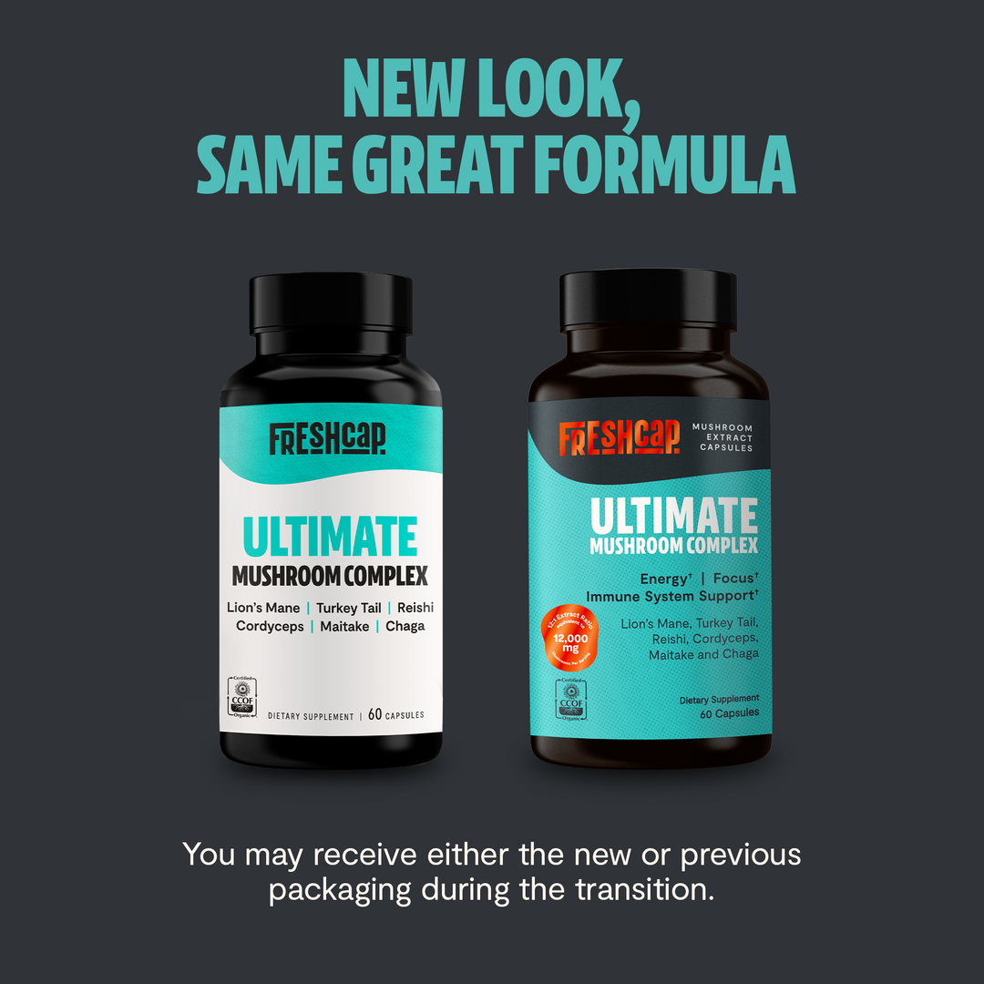 Two mushroom supplement bottles showing new and previous Ultimate Mushroom Complex labels