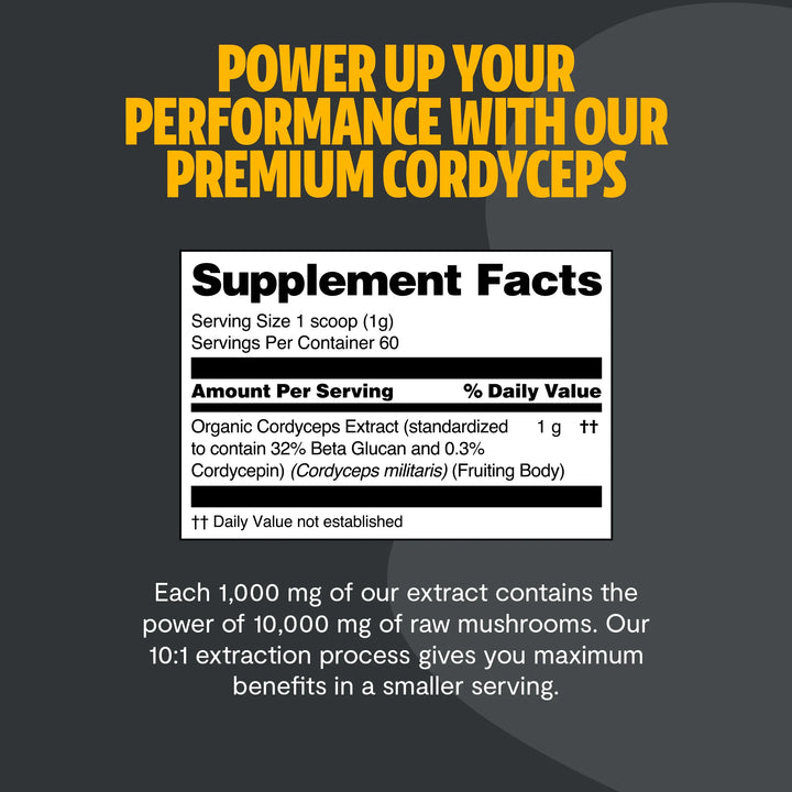 Cordyceps mushroom extract supplement label with Supplement Facts panel and serving details